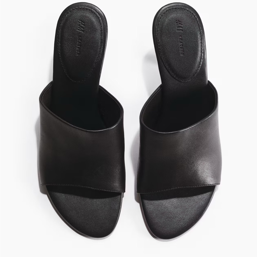 Black Leather Open-Toe kitten heel Mule size 6 - Picture 2 of 7